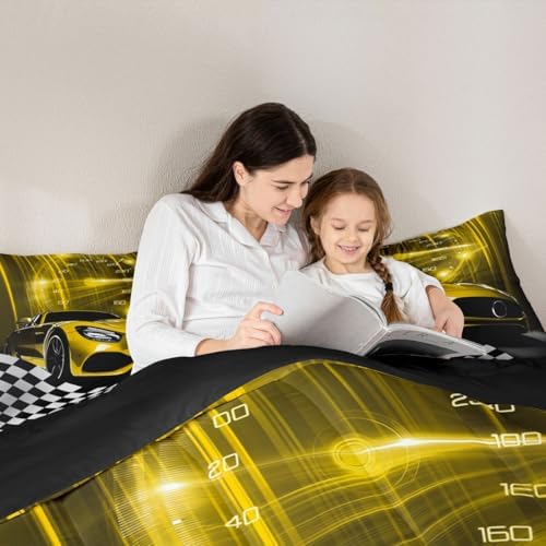 Erosebridal Yellow Race Car Comforter Set for Kids Boys,Glitter Ombre Line Art Bedding Set Neon Light Sports Car Dashboard Quilt Twin,Black and White Grid Lattice Buffalo Plaid Decor