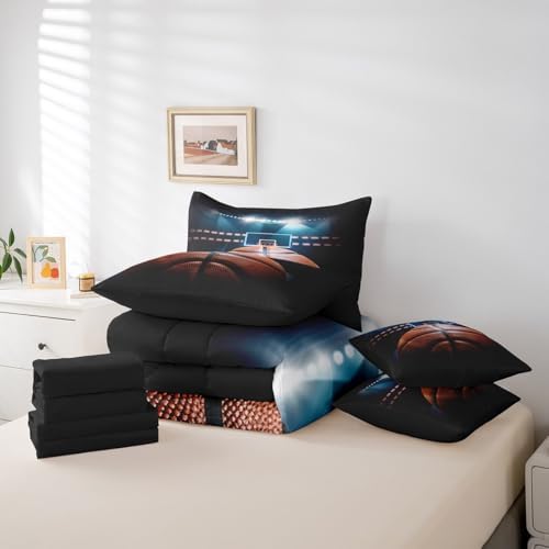 Erosebridal 3D Basketball 7 Piece Bedding Set King Size,Sports Theme Bed in a Bag,Basketball Game Bed Set Includes Comforter, Sheet Set, Pillowcases & Pillow Covers All Season Bedroom Decor