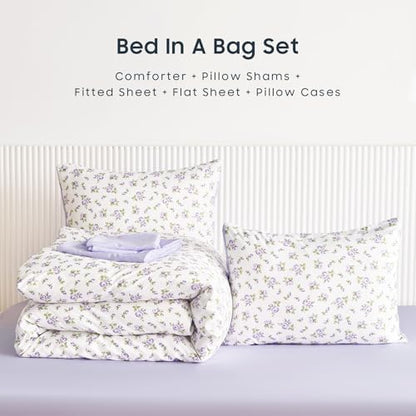 Wake In Cloud - Floral Comforter Set with Sheets, Coquette Cottagecore Aesthetic Flower Shabby Chic Pattern for Women Teen Girls, 7 Pieces Bed in a Bag, White Purple, Full Size