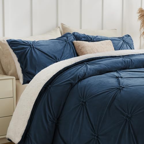 BEDELITE Fluffy Sherpa Queen Comforter Set,Pintuck-Navy