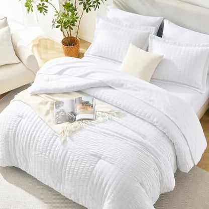 HIMEET King Comforter Set, 7-Piece Seersucker Bed in a Bag, White