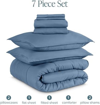 Bare Home Bed-in-A-Bag 7 Piece Comforter & Sheet Set - Queen - Goose Down Alternative - Ultra-Soft 1800 Premium - Bedding Set (Queen, Coronet Blue/Coronet Blue)