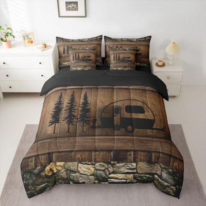 King Happy Camping Decor Comforter Set 7 Pieces, Rustic Camper Reversible Bed In A Bag Camper Accessories For Travel Trailers Bedding Set Camper Comforter, Flat Sheet, Fitted Sheet, Pillowcases