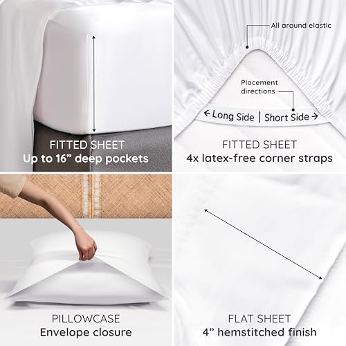 Bambaw King Size Cooling Sheets Set 6pcs - 100% Viscose Derived from Bamboo Sheets Deep Pocket, Fits Up to 16'' with Elastic Corner Straps, King Size Soft Sheets, Breathable Sheets (White)