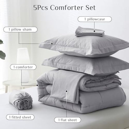 JOLLYVOGUE Twin Comforter Set, Ultra-Soft Bed in a Bag Twin Size 5 Pieces, Oeko-TEX Certified Bedding Set with Down Alternative Comforter, Sheets, Pillowcases & Shams, Light Grey