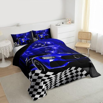 Erosebridal Blue Race Car Comforter Set for Youth Boys,Glitter Ombre Line Art Bedding Set Neon Light Sports Car Dashboard Quilt Twin,Black and White Grid Lattice Buffalo Plaid Decor