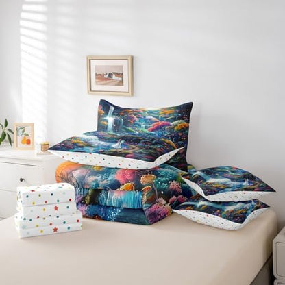 Feelyou Waterfall Comforter Set 7 Pieces Twin Size Moon Landscape Bedding Set for Boys Girls Magical Bed in a Bag with Comforter, Sheets, Pillowcases & Cushion Covers