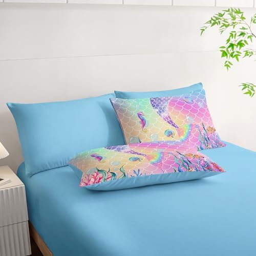 7Pcs Mermaid Tail Comforter Set Pink Scales Printed Bedding Set with 1 Comforter, 1 Flat Sheet, 1 Fitted Sheet and 4 Pillowcases for Boys and Girls Bedroom All Season(Full)
