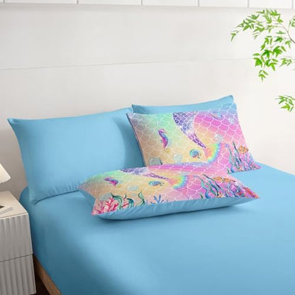 7Pcs Mermaid Tail Comforter Set Pink Scales Printed Bedding Set with 1 Comforter, 1 Flat Sheet, 1 Fitted Sheet and 4 Pillowcases for Boys and Girls Bedroom All Season(Full)