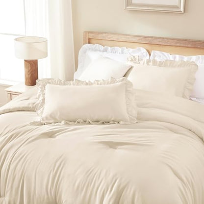 Andency Oversized King Ruffle Comforter Set, 3 Pcs Beige Fluffy Bedding Set