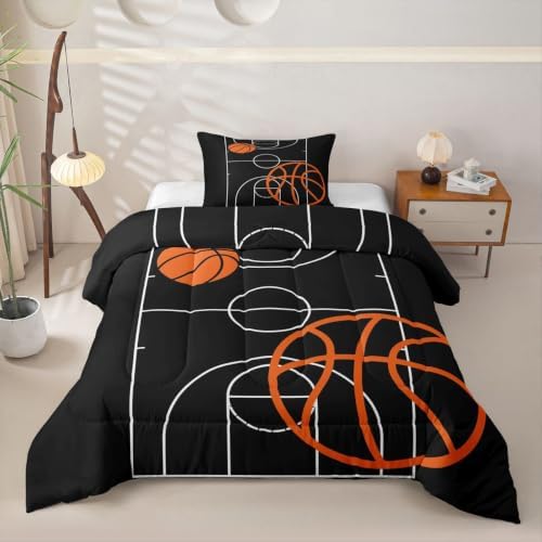 Homewish Basketball Comforter Set Sports Theme Bedding Set for Kids Girls Women Adults Basketball Court Comforter Black and Orange Quilted Duvet Set Bedroom Collection Twin Size 2Pcs