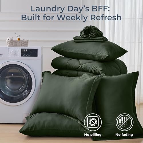 HEVUMYI 7-Piece Oversized Queen Comforter Set, Dark Green Bed in a Bag