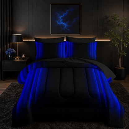 Nttopship Blue and Black Bedding Set King Size Abstract Ombre Comforter Set Bedding Set 7 Piece in A Bag,Dark Quilt Set Mordern Art Decor All Seasons with Pillowcases,Flat, Fitted Sheet