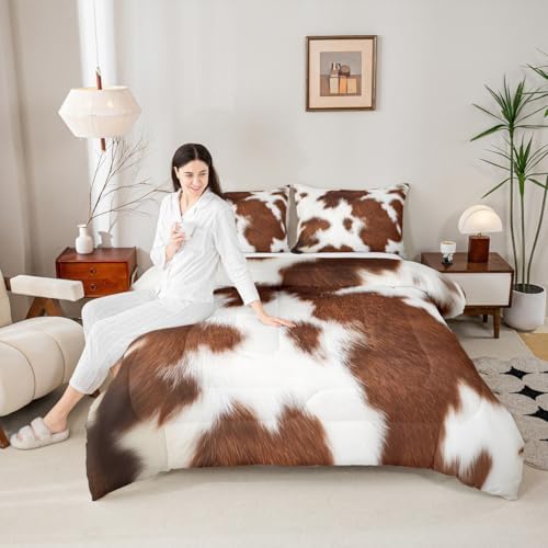 Erosebridal Cowhide Bedding Sets Western Farm Animal Comforter Set Full,Brown White Cow Print Bedding Comforter Set for Kids Boys Girls Teens,Rustic Farmhouse Cow Fur Quilt Duvet Set 2 Pillow Cases