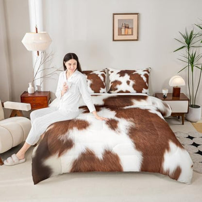 Erosebridal Cowhide Bedding Sets Western Farm Animal Comforter Set Full,Brown White Cow Print Bedding Comforter Set for Kids Boys Girls Teens,Rustic Farmhouse Cow Fur Quilt Duvet Set 2 Pillow Cases