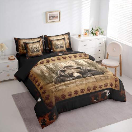 Erosebridal Brown Bear Full Comforter Set with Sheets 7 Piece Rustic Wildlife Bear Paw Bed in A Bag Vintage Farmhouse Cabin Bedding Sets for Kids Boys Girls Country Lodge Bed Set