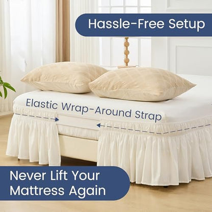 BISELINA Wrap Around Bed Skirts 17" Drop, Cotton Adjustable Elastic Dust Ruffles Easy Fit Wrinkle & Fade Resistant Soft Cozy Elegant Luxurious Bedding - White, King Size