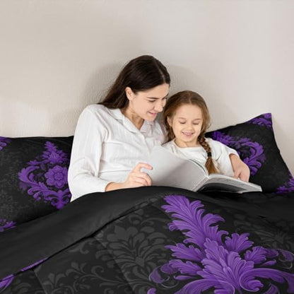 Feelyou Purple Gothic Bedding Set Soft for Boys Girls, Vintage Damask Boho Comforter Set Full Size Exotic Victorian Duvet Quilt Microfiber Bedroom Decor 3 Pcs with 2 Pillow Cases