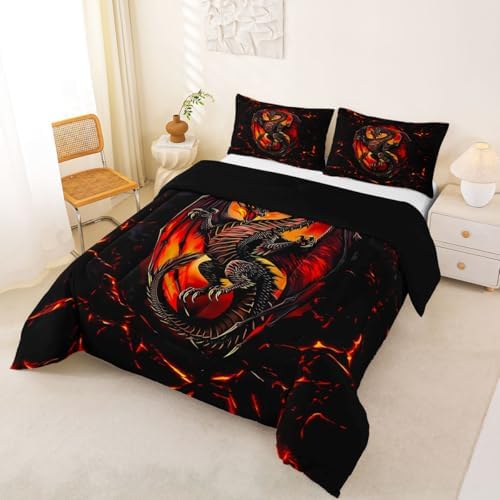 Feelyou Dragon Comforter Set Queen Size Wild Life Bedding Set for Kids Boys Girls Jungle Dragon Duvet Quilt Black Red Bedroom Decor Microfiber 3 Pcs with 2 Pillow Cases