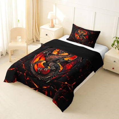Feelyou Dragon Comforter Set Toddler Size Wild Life Bedding Set for Kids Boys Girls Jungle Dragon Duvet Quilt Black Red Bedroom Decor Microfiber 2 Pcs with 1 Pillow Cases