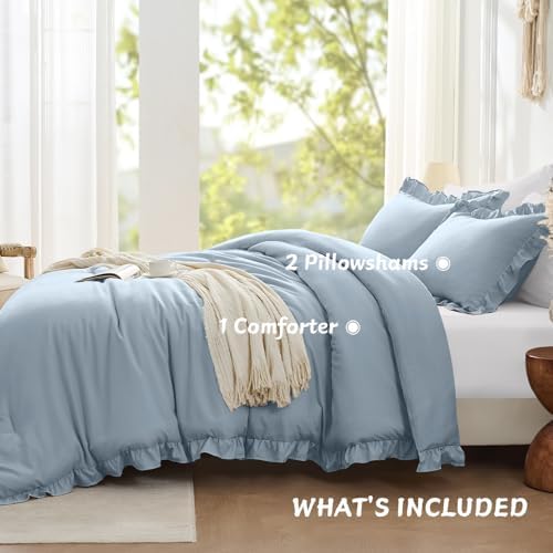 FUANNA Queen Comforter Set, 3 PCS Bedding Sets, Ruffle Bed Set Grayish Blue