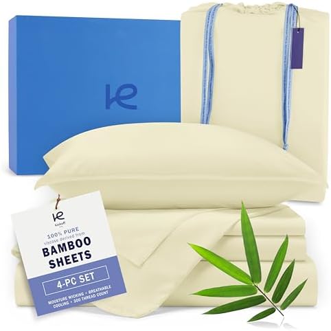 Kickoff Viscose Bamboo Sheets Full Size 4-pc 100% Organic Bamboo Viscose Bed Cooling Sheets Full Size Set Cool Bedding for hot Sleepers Sheet Set - Gift Ready Packaging (Cream, F)