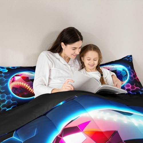 Erosebridal Baseball Bedding Sets King - 3D Glitter Ball Pattern Comforter Set for Kids Adults Colorful Neon Honeycomb Duvet Insert Geometric Hexagon Quilt