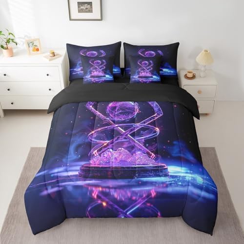 Erosebridal Ice Hockey Full Bedding Set - Hockey Sports Bed in A Bag,Purple Neon Comforter Sets with Sheets, Sports Style 7 Pieces Bed Set Bedroom Decor