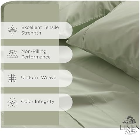 Linen Home 100% Cotton Percale Sheets California King Size, Sage, Deep Pocket, 6 Pieces Set- 1 Flat, 1 Fitted and 4 Pillowcases, Crisp Cool and Long Staple Strong Bed Linen