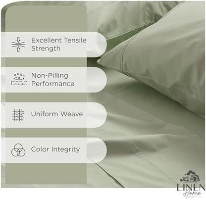Linen Home 100% Cotton Percale Sheets California King Size, Sage, Deep Pocket, 6 Pieces Set- 1 Flat, 1 Fitted and 4 Pillowcases, Crisp Cool and Long Staple Strong Bed Linen