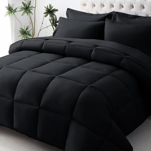 JOLLYVOGUE Full Comforter Set, Ultra-Soft Bed in a Bag Full Size 7 Pieces, Oeko-TEX Certified Bedding Set with Down Alternative Comforter, Sheets, Pillowcases & Shams, Black
