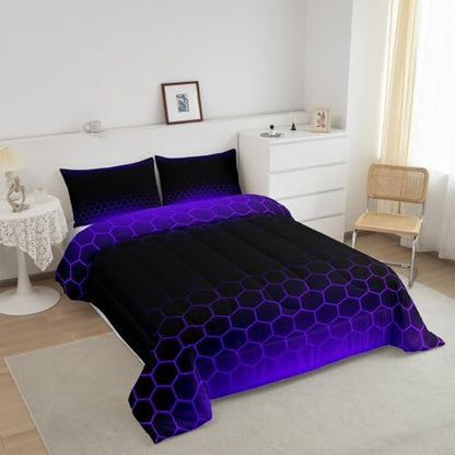 Purple Black Ombre Honeycomb Comforter Set Twin Size, Abstract Hexagonal Bedding Set for Kids Geometrics Honeycomb Comforter Beehive Hexagon Duvet Set Durable Bed Set 2Pcs