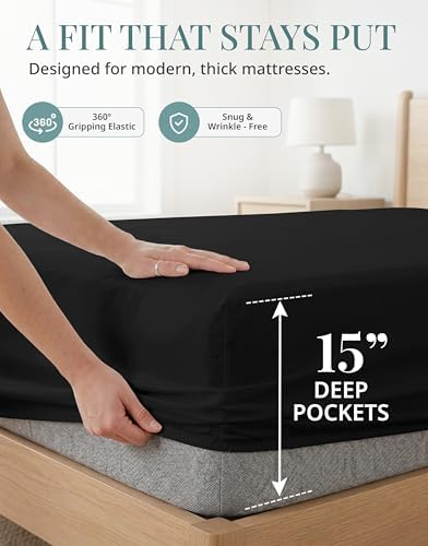 450TC 100% Cotton Full Sheet & Pillowcase Sets - Soft Sateen Weave, Black