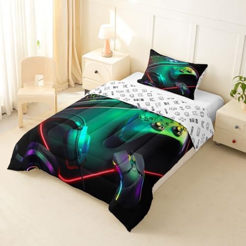 Feelyou Gamer Bedding Set Soft for Boys Girls, Gaming Comforter Set Toddler Size Game Room Decor Duvet Quilt Microfiber Gamepad Bedroom Decor Green Blue 2 Pcs with 1 Pillow Cases