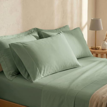 BIOWEAVES 100% Organic Cotton Sheets, 300 Thread Count 4-Piece GOTS Certified Bed Sheet Set Fits Mattress Upto 17" Deep Pocket, Soft & Silky Sateen Weave (Full, Basil)