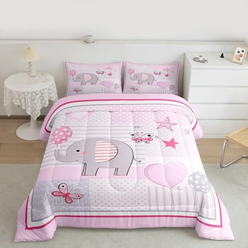 Homewish Girls Cute Elephant Twin Size Comforter Set,Kids Balloon and Butterfly Decor All Season Bedding Set,Teens Geometric Comforter,Children Lovely Animals Decor Quilt Set Bedroom Collection 2Pcs