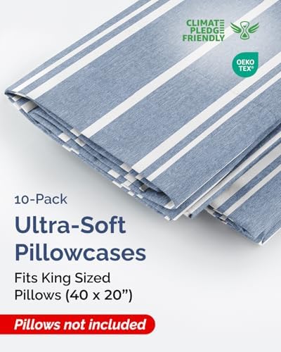 King Pillow Cases Set of 10 - Ultra Soft Pillowcase Covers - Blue Stripes