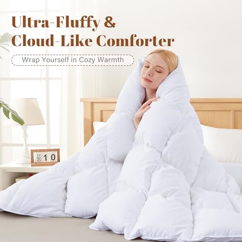 Feather and Down Fiber Comforter Insert Oversized Queen , 100% Cotton Cover