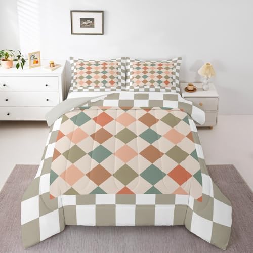 Feelyou Checkered Geometric Kids Comforter Set King Size Retro Green Beige Brown Plaid Bedding Set Checkerboard Modern Aesthetic Duvet Quilt for Kids Boys Girls Bedroom Reversible Grey Decor