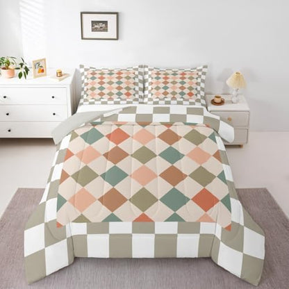 Feelyou Checkered Geometric Kids Comforter Set King Size Retro Green Beige Brown Plaid Bedding Set Checkerboard Modern Aesthetic Duvet Quilt for Kids Boys Girls Bedroom Reversible Grey Decor