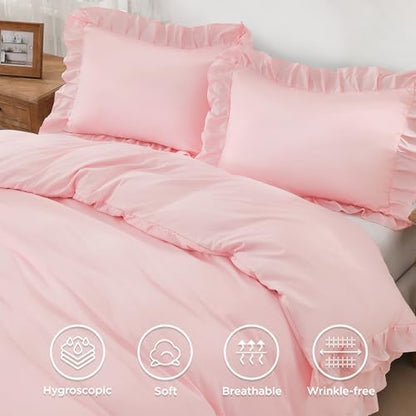 Andency Pink Ruffle Duvet Cover Full, Shabby Chic Farmhouse Bedding Set