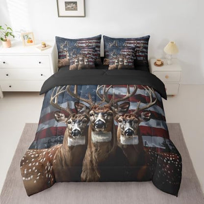 Erosebridal Rustic Deer Moose 7 Pcs Twin Comforter Set,American Flag All Season Bed in a Bag,Hunting Animal Comforter, Flat Sheet, Fitted Sheet, Pillowcases, Pillow Shams,Cabin Lodge Bedding Set with