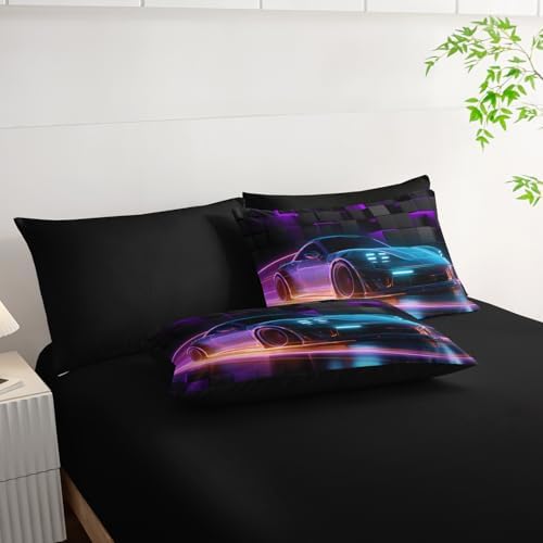 HOSIMA 7Pcs Boys Geometric Pattern Race Car Queen Comforter with Sheet Set.