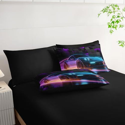 HOSIMA 7Pcs Boys Geometric Pattern Race Car Queen Comforter with Sheet Set.