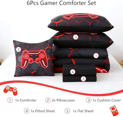 Black Red Full Size Boys Comforter Set 6-Piece Gaming Bed in A Bag 3D Video Games Bedding Set for Kids, Soft Lightweight Gamer Teen Boy Bed Comforter Sheet Set (Black Red, Full)