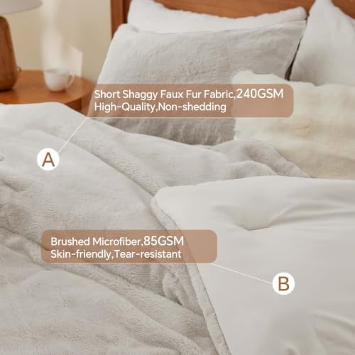 BEDELITE Faux Fur Queen Comforter Set Linen,Warm Bedding with 2 Pilowcases