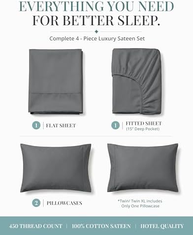 450TC 100% Cotton Full Size Bed Sheets - Smooth Sateen Weave, Charcoal