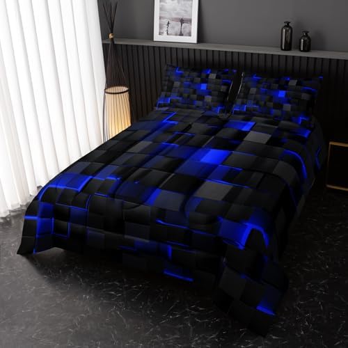 Nttopship Neon Blue Black Comforter Set Full Geometric Kids Bedding Set,3 PCS Geometry Honeycomb Bed Set Modern Quilt Set 1 Comforter 2 Pillow Cases Cool Room Decor All Season B-Side Black