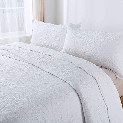 HoneiLife Oversized Queen Bedspreads 110x106- Queen Size Quilt Bedding Sets 3-Piece, Paisley Coverlets Lightweight Bedlinen Set for All Season Use-White