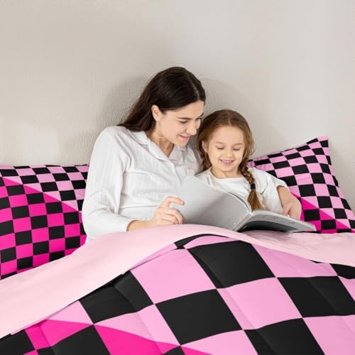 Checkered Retro Comforter Set All Season Modern Geometric Cute Bedding Set with 2 Pillow Cases Rose Pink Light Pink Kids King Bedclothes Vintage Simple Groovy Aesthetic Bedroom Decor Duvet Quilt